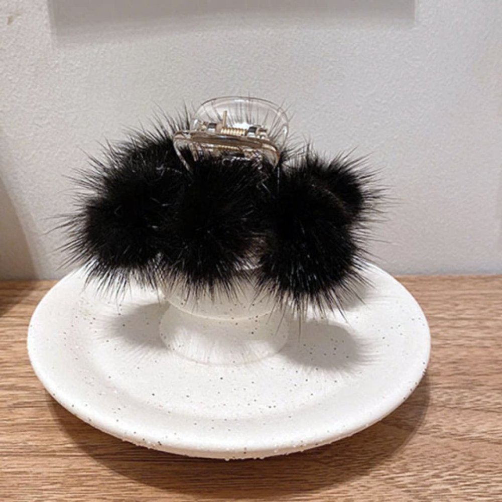 Small Mink Pom Pom Hair Clip Hair Jaw Claw • Black Tan or White • Genuine Fur - Picture 6 of 16